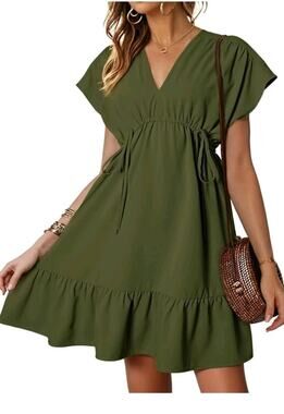 Short Sleeve V Neck Drawstring DRESS Ruffle A-Line Swing Mini Babydoll Size M